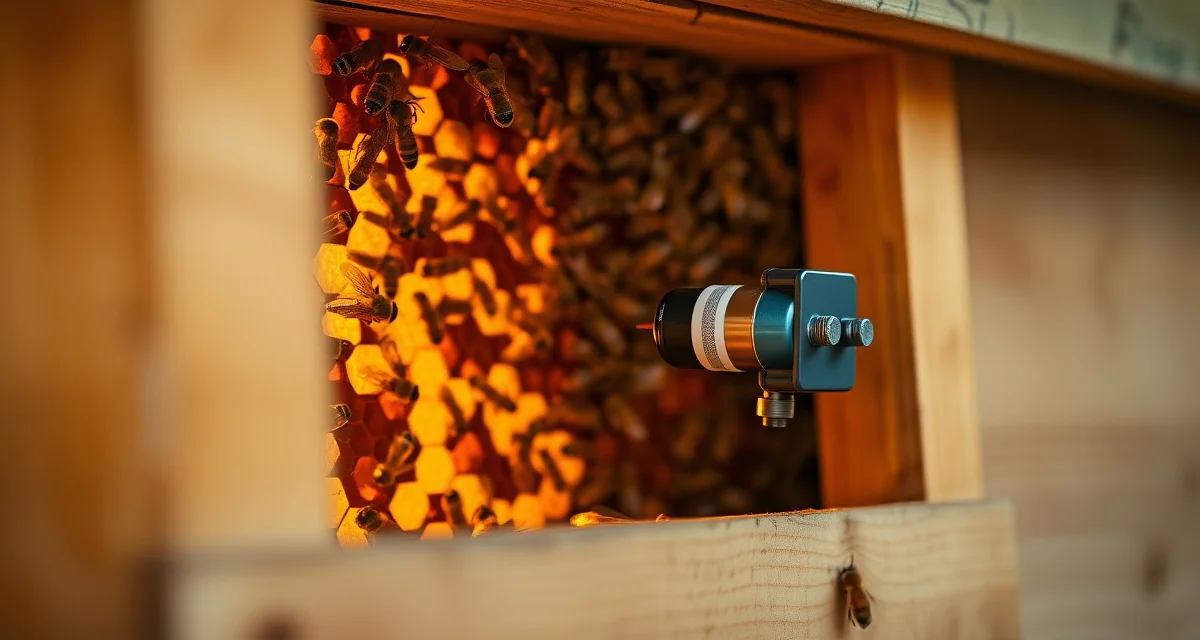 AI-powered acoustic monitoring technology for beehive health Acoustic sensor device monitoring honeybee colony health on commercial hive with real-time AI analysis
