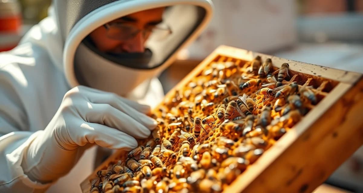 AHB management inspection in Southwest commercial operation Commercial beekeeper inspecting frame of Africanized honey bees in regulated apiary zone with protective equipment