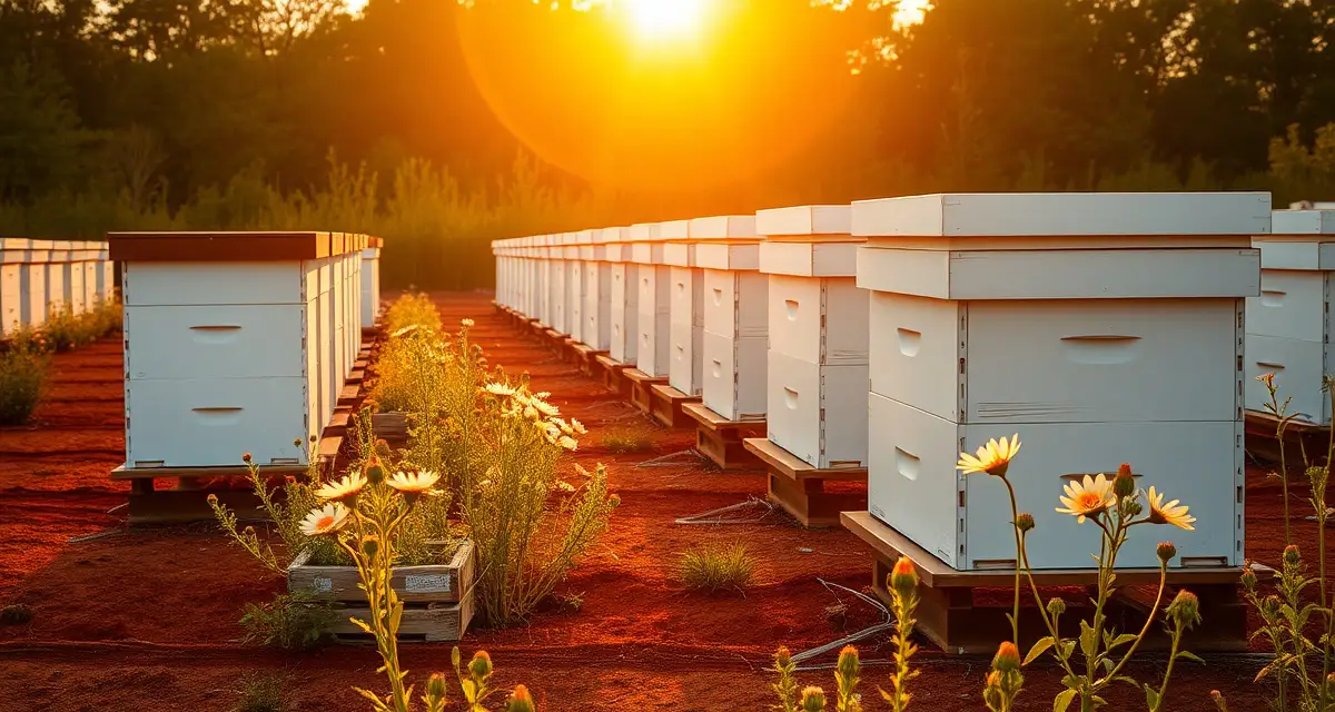 Alabama commercial beekeeping operation and hive management Commercial beekeeping apiary in Alabama with multiple white hive boxes positioned in organized rows during peak pollination season