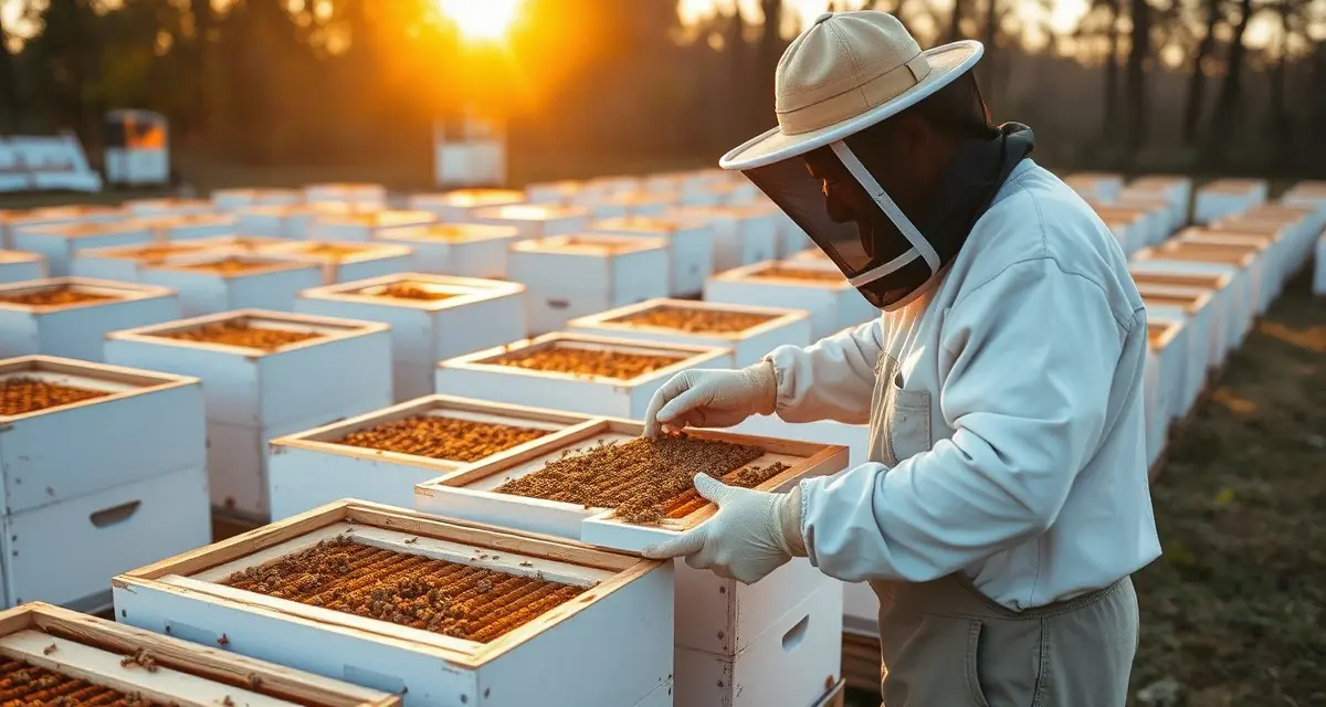 Alabama commercial beekeeping apiary operations Commercial beekeeper inspecting bee frames in Alabama apiary with multiple hive boxes during regulatory compliance inspection.