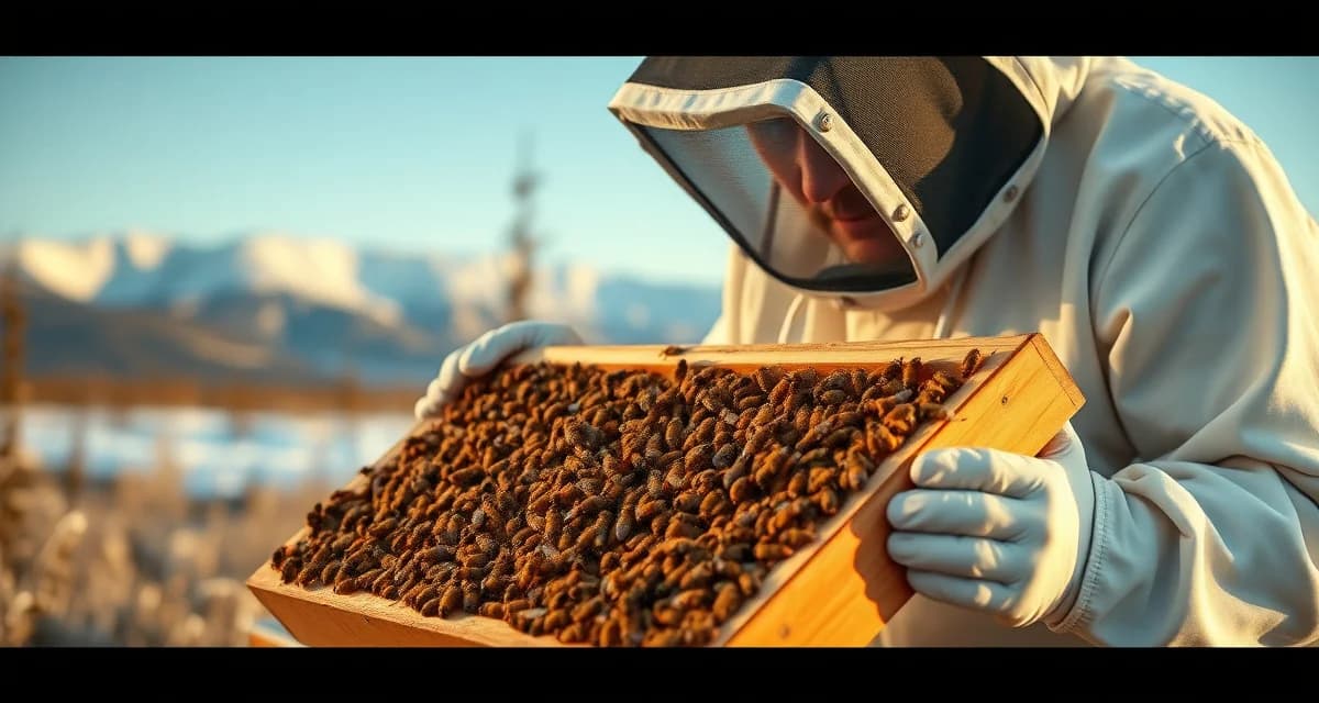 Alaska bee farm inspection and hive management Commercial beekeeper inspecting honeycomb frame with bees in Alaska apiary with mountains in background