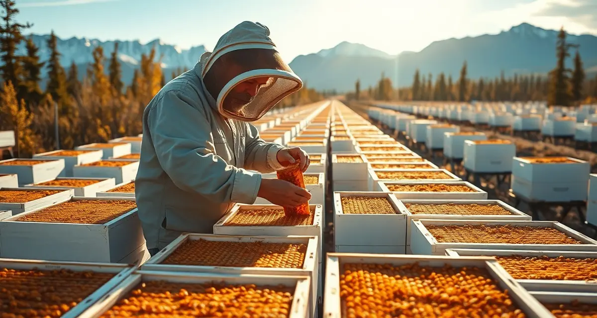 Alaskan apiary regulations for commercial beekeeping operations Commercial beekeeper inspecting bee colonies in Alaska apiary following state regulations and import restrictions