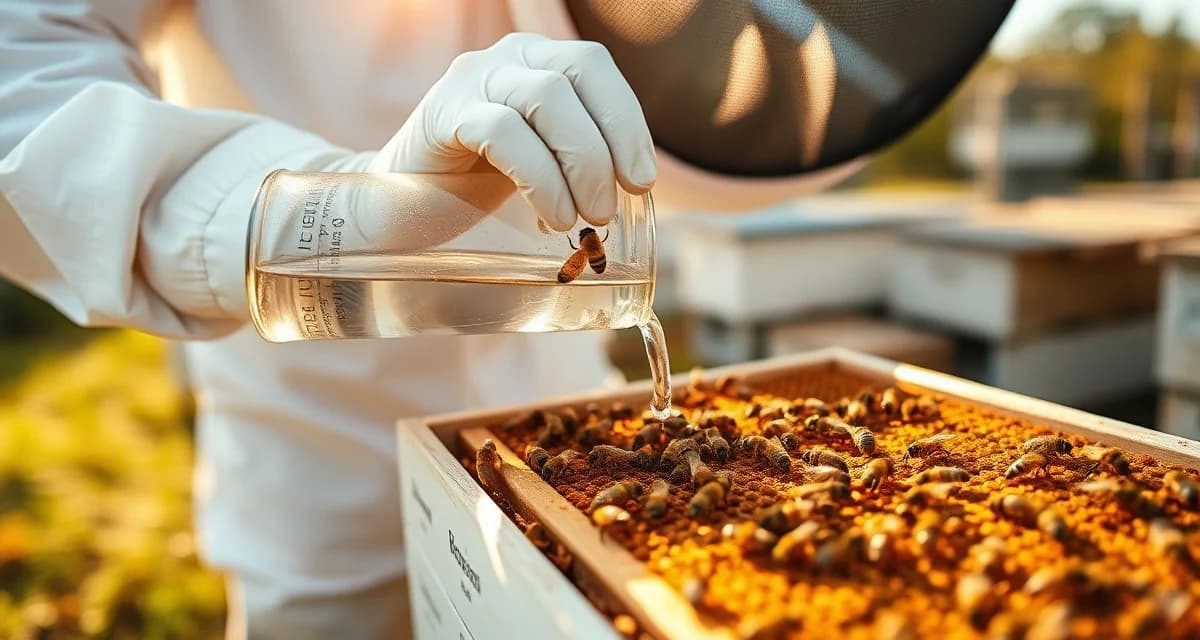 Varroa Mite Monitoring Best Practice Beekeeper performing alcohol wash varroa mite monitoring technique on honeybee frame for commercial pollination operation