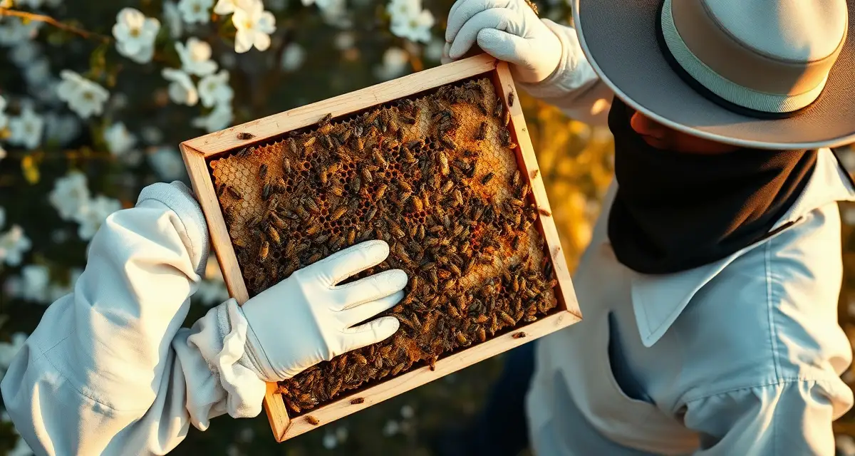 Beekeeping colony strength assessment during almond bloom Commercial beekeeper examining a strong honeybee colony frame during almond bloom season for pollination contracts.