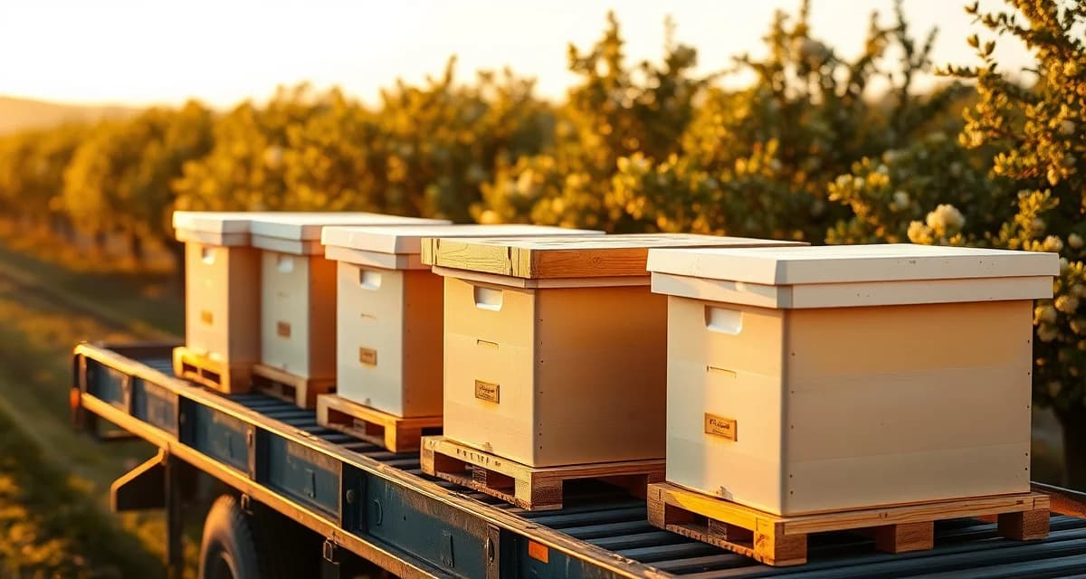 Hive delivery logistics for almond pollination operations Commercial beehives loaded on transport truck arriving at California almond orchard during peak pollination season
