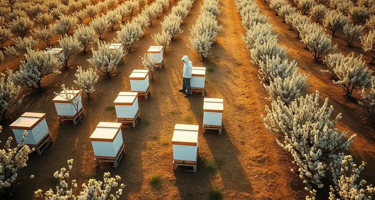 Optimal hive placement in almond orchards for pollination success Strategic almond orchard hive placement showing optimal spacing and positioning of bee hives between rows for maximum pollination coverage.