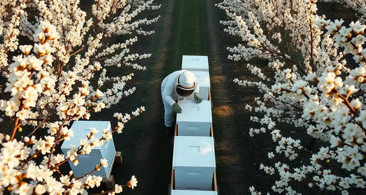 Strategic hive placement in almond orchard bloom Beekeeper positioning hives in almond orchard during optimal 10-25% bloom window for commercial pollination
