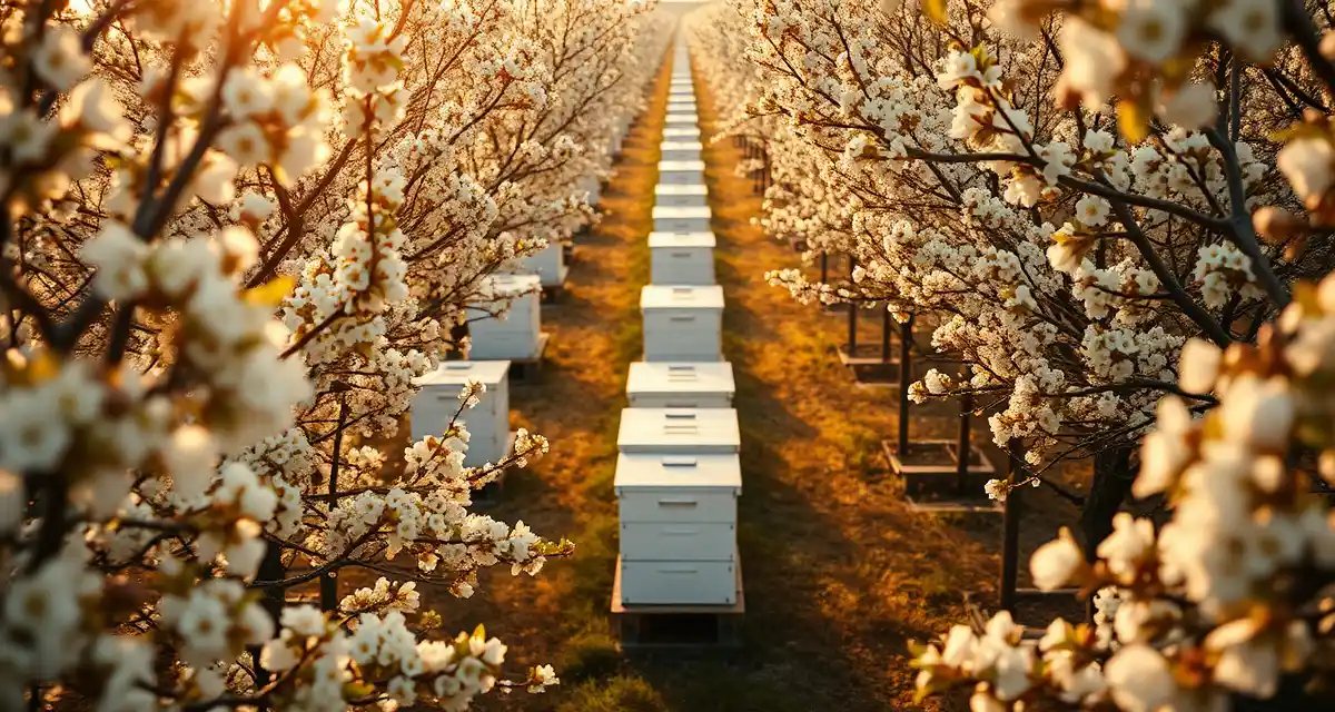 Professional almond pollination setup with managed hives Honeybee hives positioned in California almond orchard during flowering season for commercial pollination operations