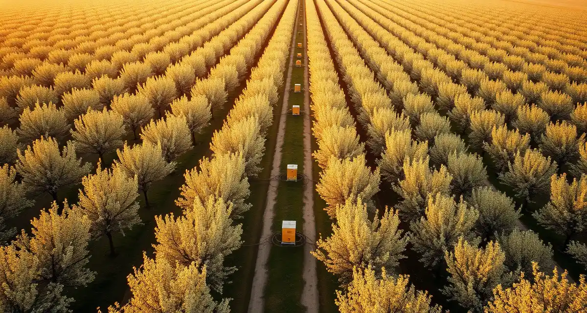 Almond pollination supply demand imbalance California almond orchard acreage showing honey bee hives positioned for commercial pollination operations and fleet management.