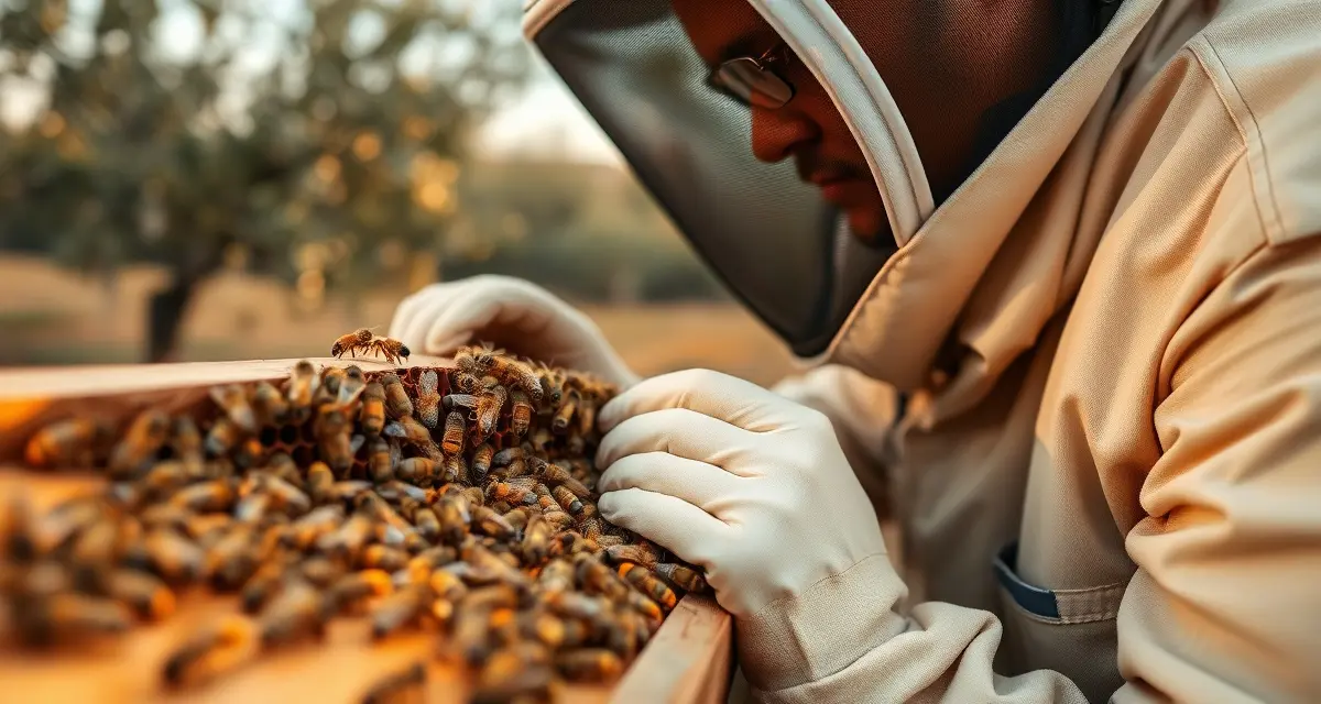 Professional colony strength assessment for commercial pollination Commercial beekeeper inspecting a strong, healthy honey bee colony with full frames for almond pollination services