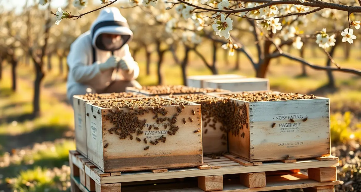 Honey bee colonies in almond orchard pollination setup Commercial beehives positioned in California almond orchard during February bloom season for pollination operations
