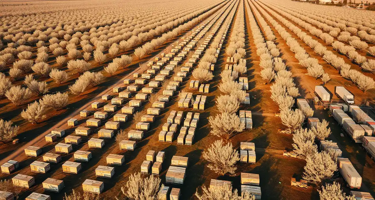 Migratory bee colonies in California almonds Commercial honey bee hives positioned in California almond orchards during peak pollination season in February