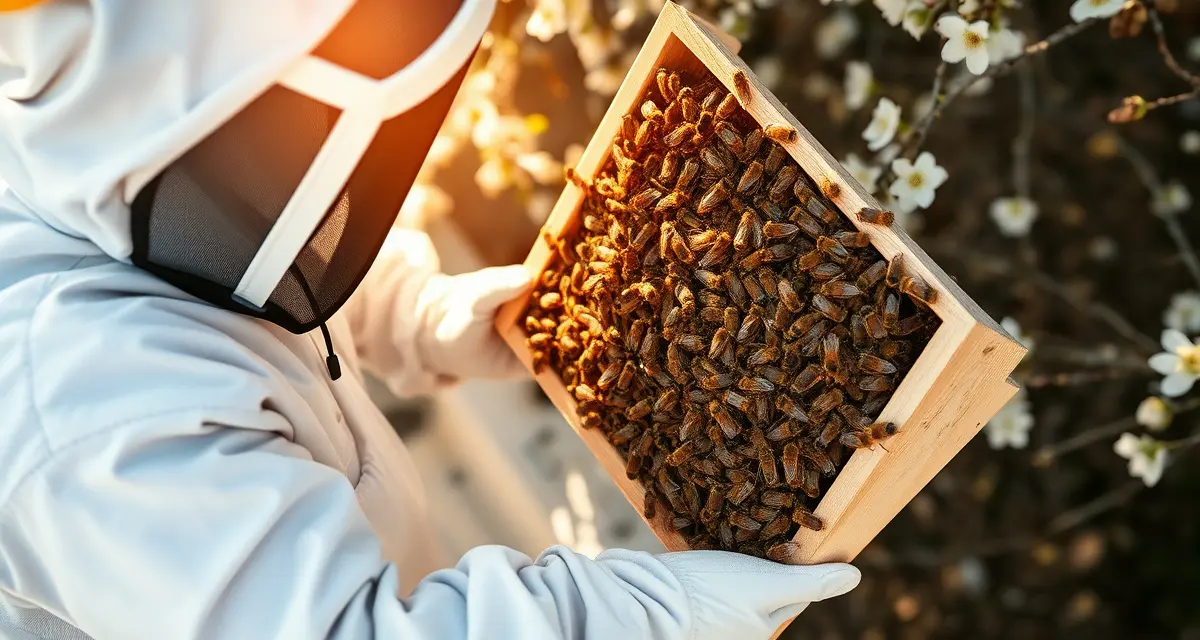 Quality bee colony inspection for almond pollination Beekeeper inspecting healthy honeybee colony for almond grower pollination checklist compliance and accountability