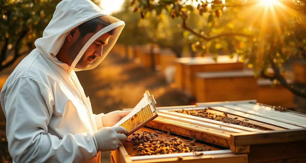 Colony strength documentation for pollination contracts Professional beekeeper documenting honeybee colony strength for almond pollination contract quoting in California orchard