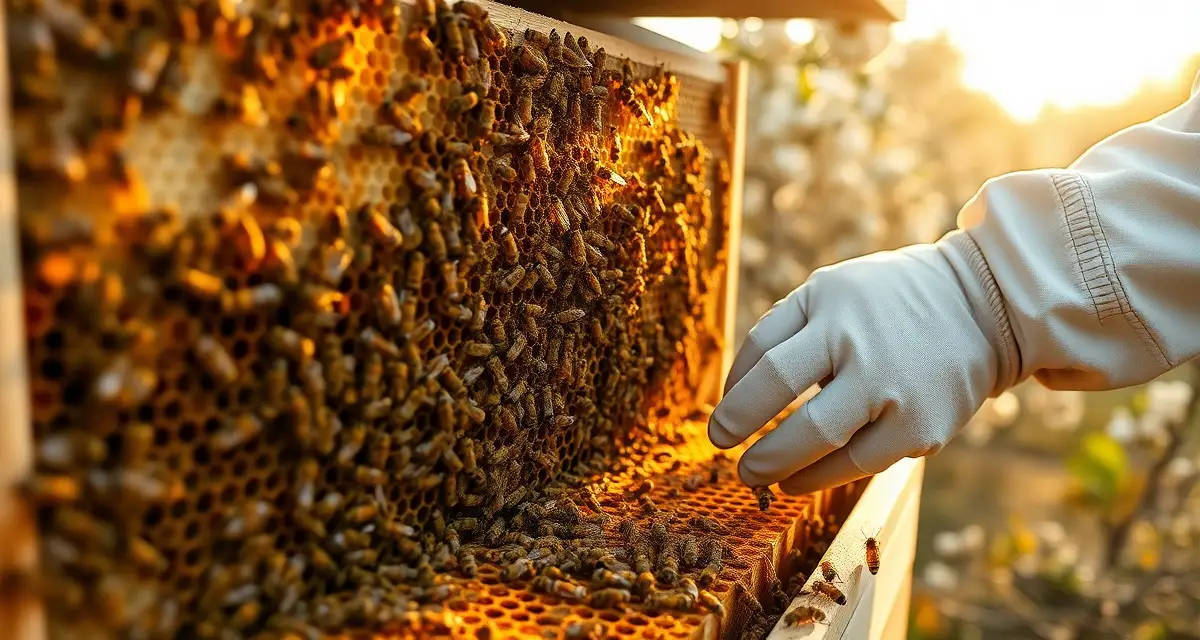Professional hive inspection for almond pollination contracts Beekeeper inspecting a healthy honey bee hive during almond pollination contract fulfillment in commercial orchard