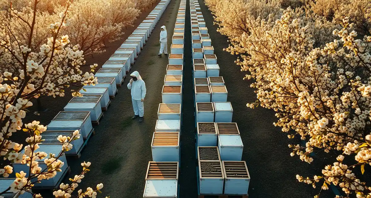 PollenOps almond contract management system for commercial beekeeping operations Commercial beekeepers managing multiple almond pollination contracts with organized hive placements in orchard during bloom season