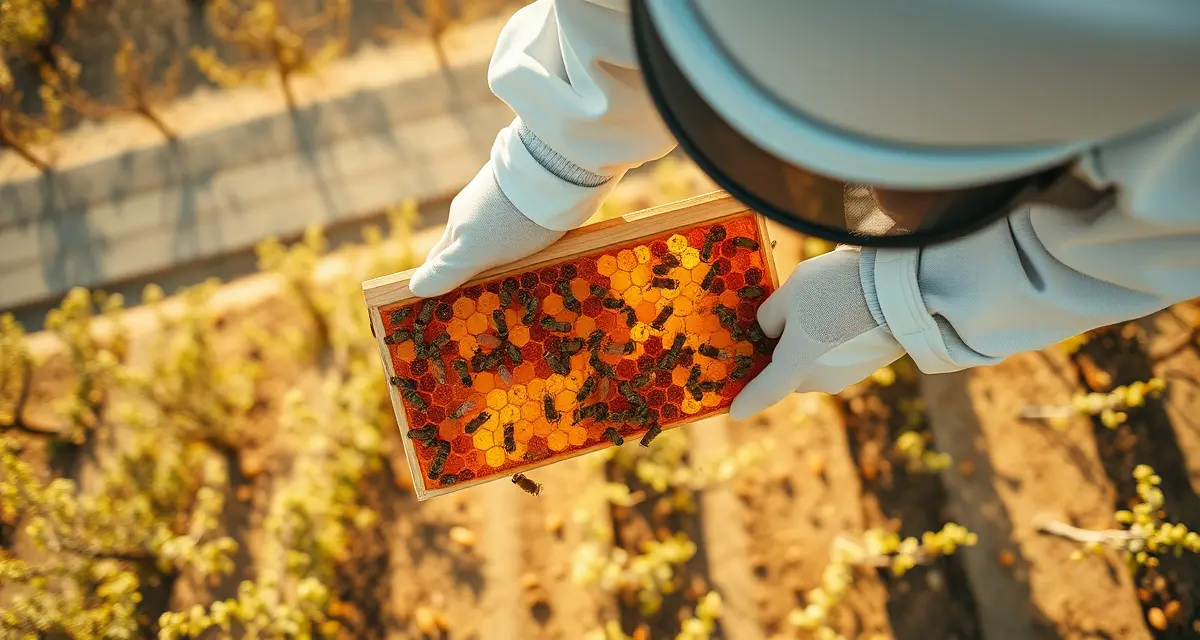 Pollination service verification for almond growers Beekeeper inspecting honeycomb frames with almond orchard visible in background, demonstrating pollination contract verification