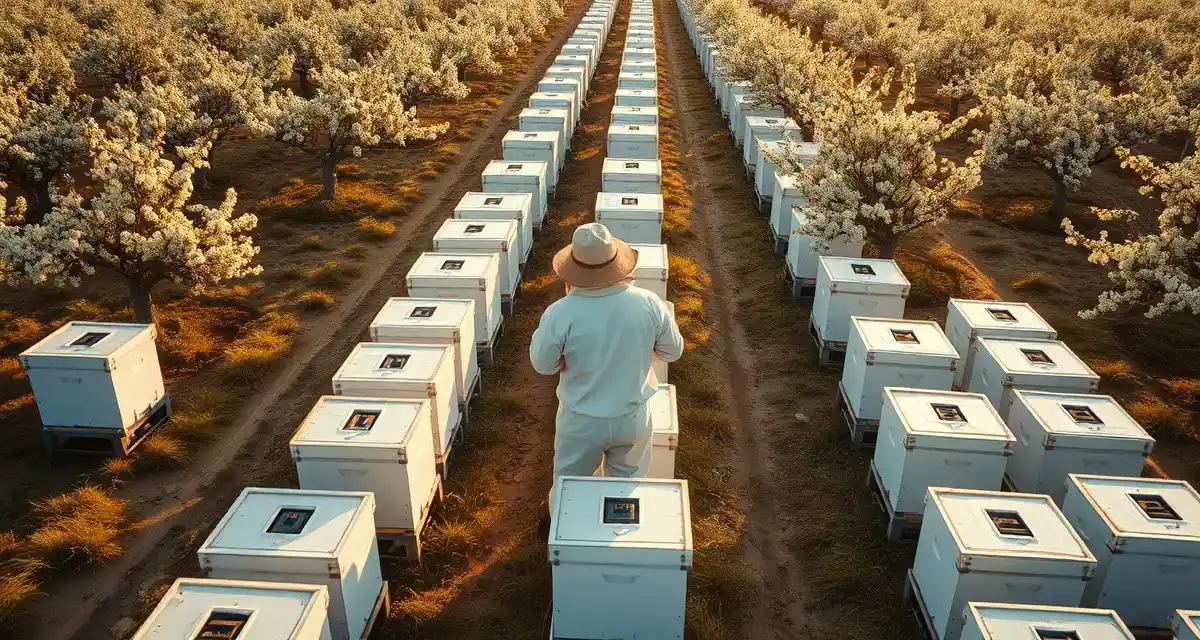 Bee hive placement in California almond pollination operations Commercial honeybee hives arranged in Fresno County almond orchard during California pollination season