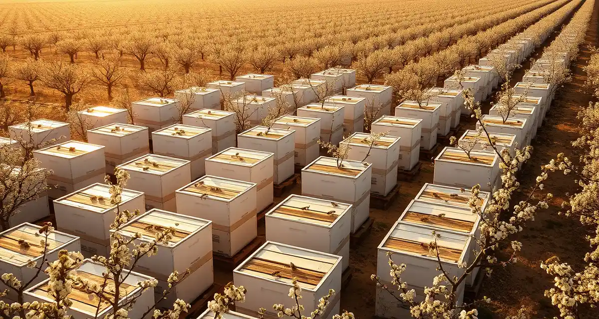 Almond pollination hive placement strategy Commercial honeybee hives positioned in California almond orchard for 2026 pollination season with increased acreage demand