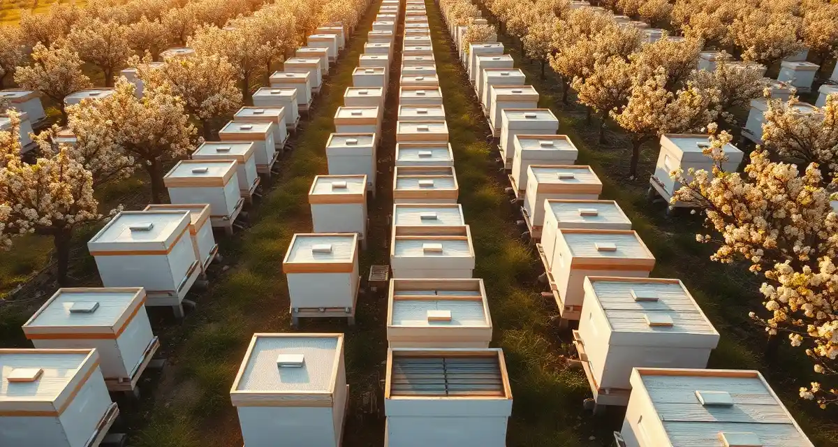 Almond orchard pollination logistics Commercial beehive boxes positioned in California almond orchard for spring pollination season during peak hive demand.