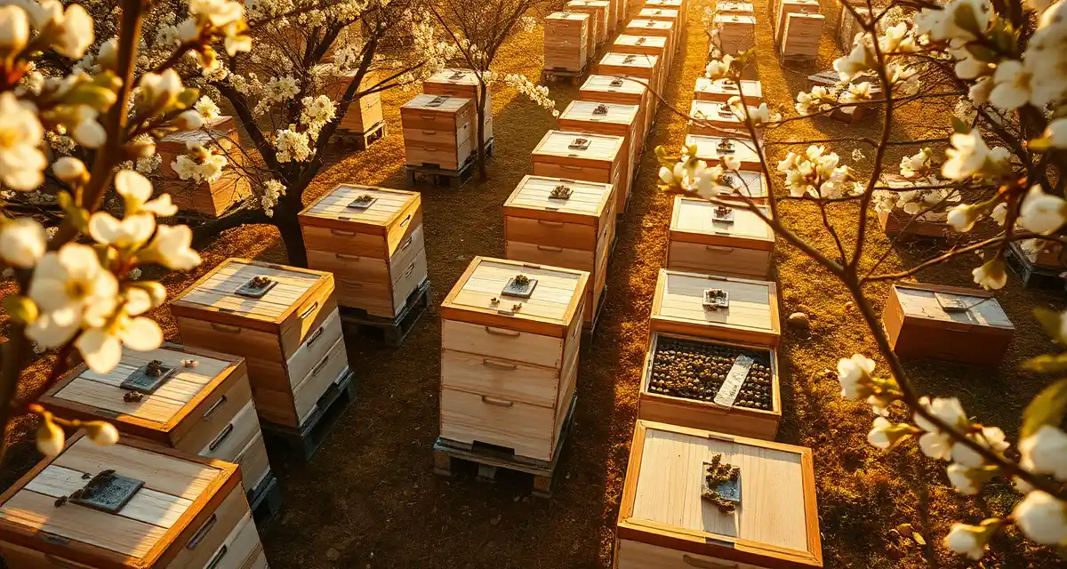 Premium honey bee hives for almond crop pollination California almond pollination hives positioned in orchard during bloom season, showing standard commercial bee colonies for pollination services
