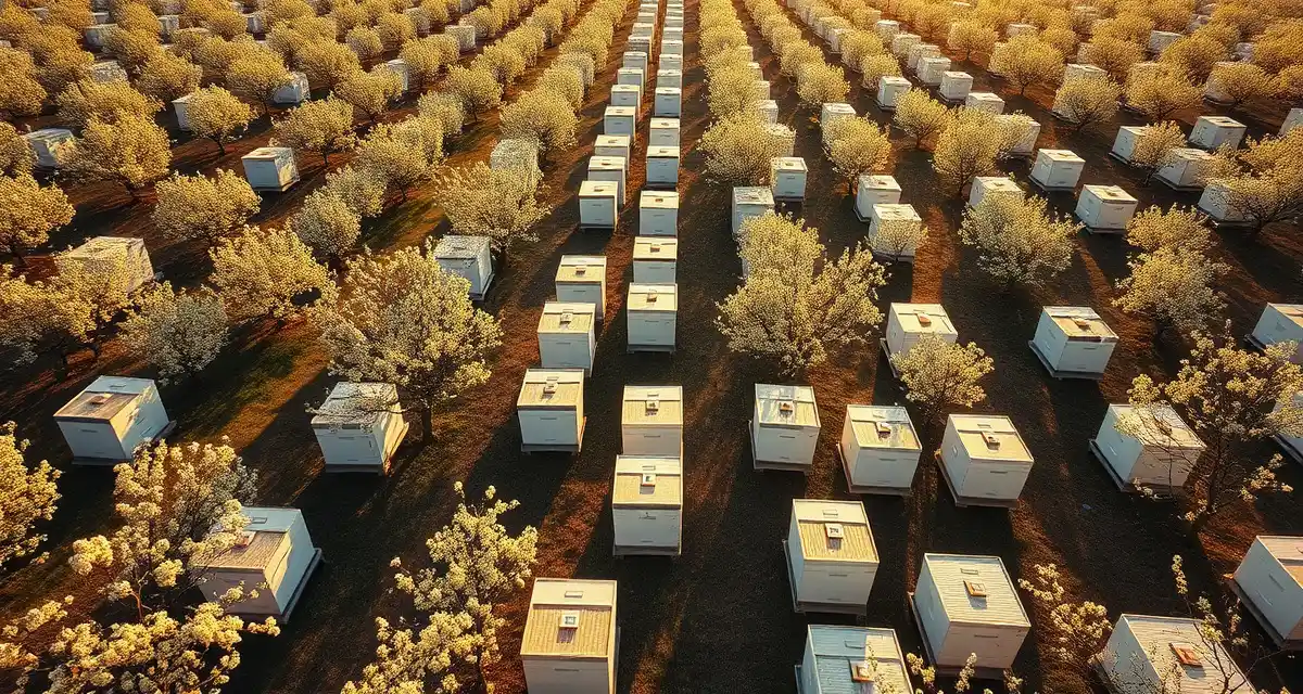 Commercial bee hive operations in almond pollination California almond orchard with commercial honeybee hives during pollination season showing supply demand gap