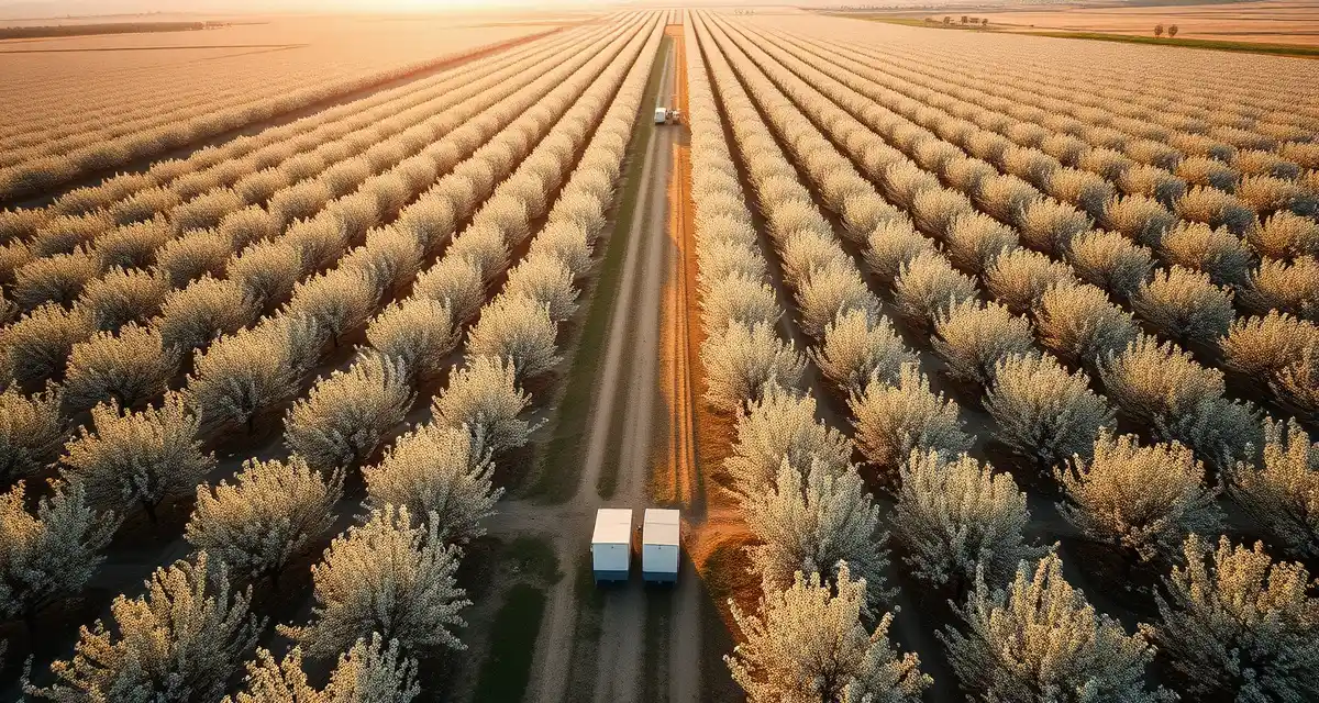 Northern San Joaquin Valley Almond Pollination Operations Aerial view of almond orchards in Stanislaus County with commercial beehives positioned for pollination operations in the San Joaquin Valley.
