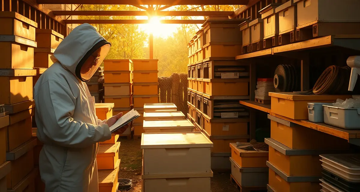 Commercial beekeeping pre-season inspection and audit Beekeeper conducting pre-season audit of organized hive boxes during almond season preparation in fall months