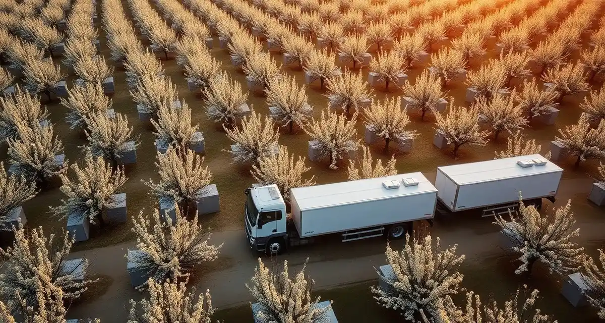 Almond pollination truck coordination during peak season Commercial beekeeping trucks delivering honey bee hives to California almond orchards during peak almond season logistics operations