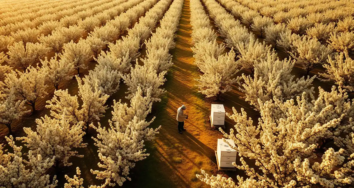 Almond variety bloom timing guide for commercial pollination operations California almond orchard in bloom with commercial beehives positioned for pollination during peak flowering season