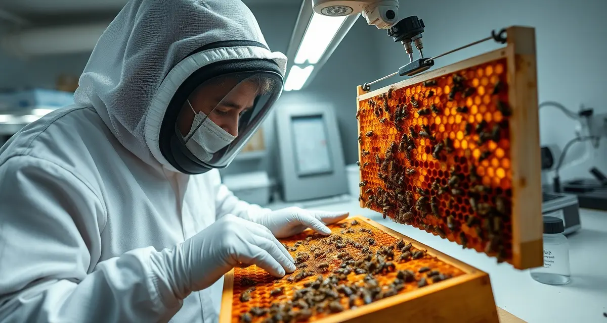 AFB disease detection in commercial beekeeping operations Commercial beekeeper examining honeycomb frames for American foulbrood disease signs in professional laboratory setting with diagnostic equipment