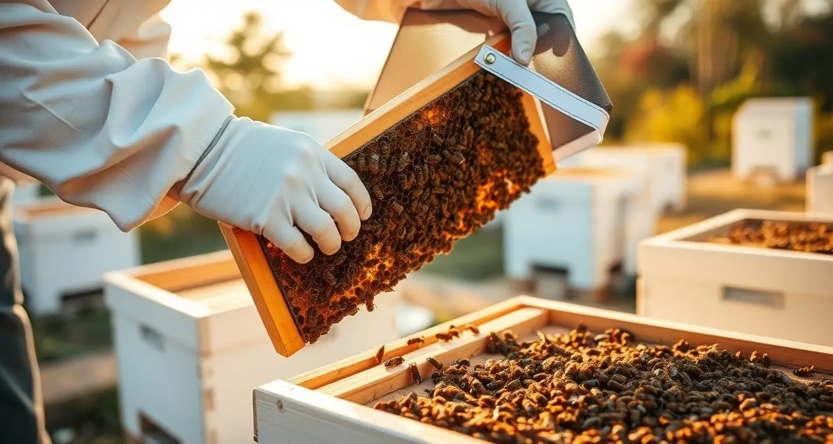 Professional apiary inspection for commercial beekeeping operations Commercial beekeeper inspecting honeycomb frame during apiary inspection with multiple bee boxes visible in background
