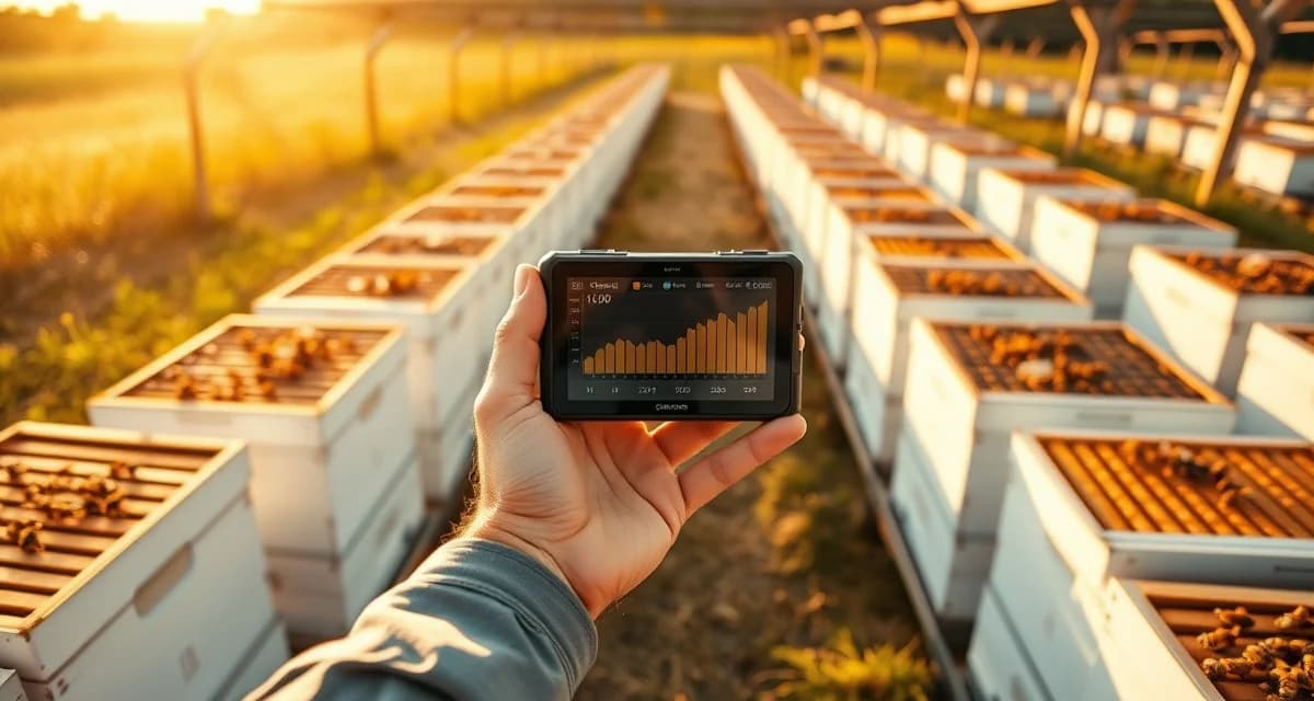Integrated hive monitoring for commercial beekeeping Commercial beekeeping operation showing integrated hive monitoring system as an ApisProtect alternative solution