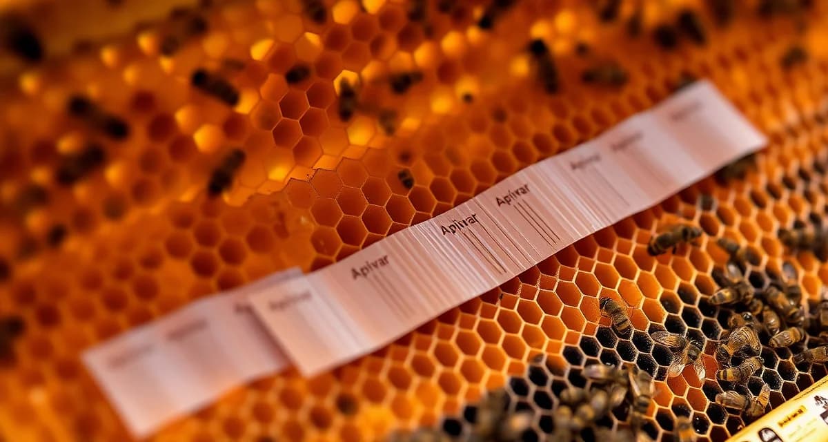 Proper Apivar strip placement for commercial mite control Apivar amitraz strips properly positioned on honeycomb frames in a commercial beekeeping operation for varroa mite treatment