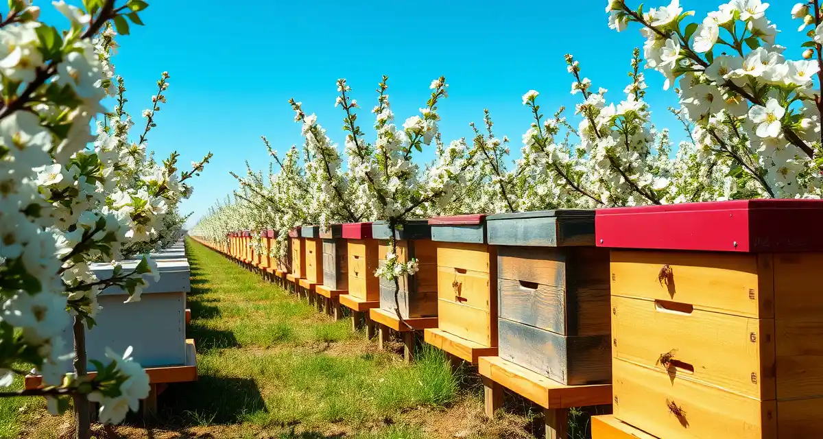 Strategic hive placement in apple pollination operations Commercial apple orchard with honeybee hives positioned for pollination management during bloom stage