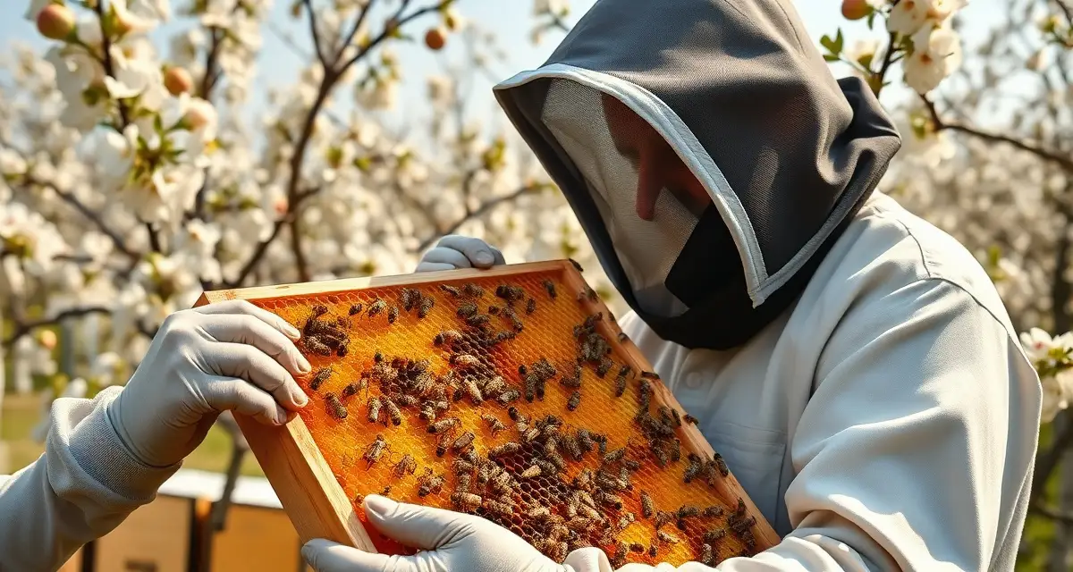 Professional apple orchard pollination services Commercial beekeeper inspecting honeybee frame during apple pollination season with orchard backdrop