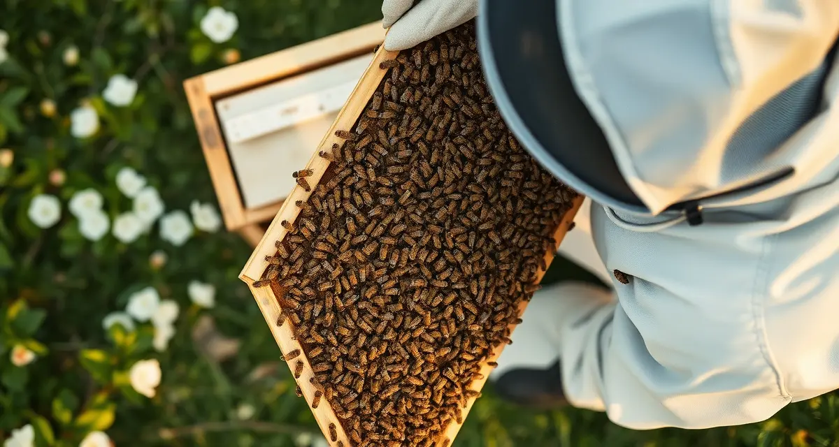 Professional hive inspection for apple pollination contracts Beekeeper inspecting a strong honey bee hive frame during apple orchard pollination contract setup and hive strength evaluation.
