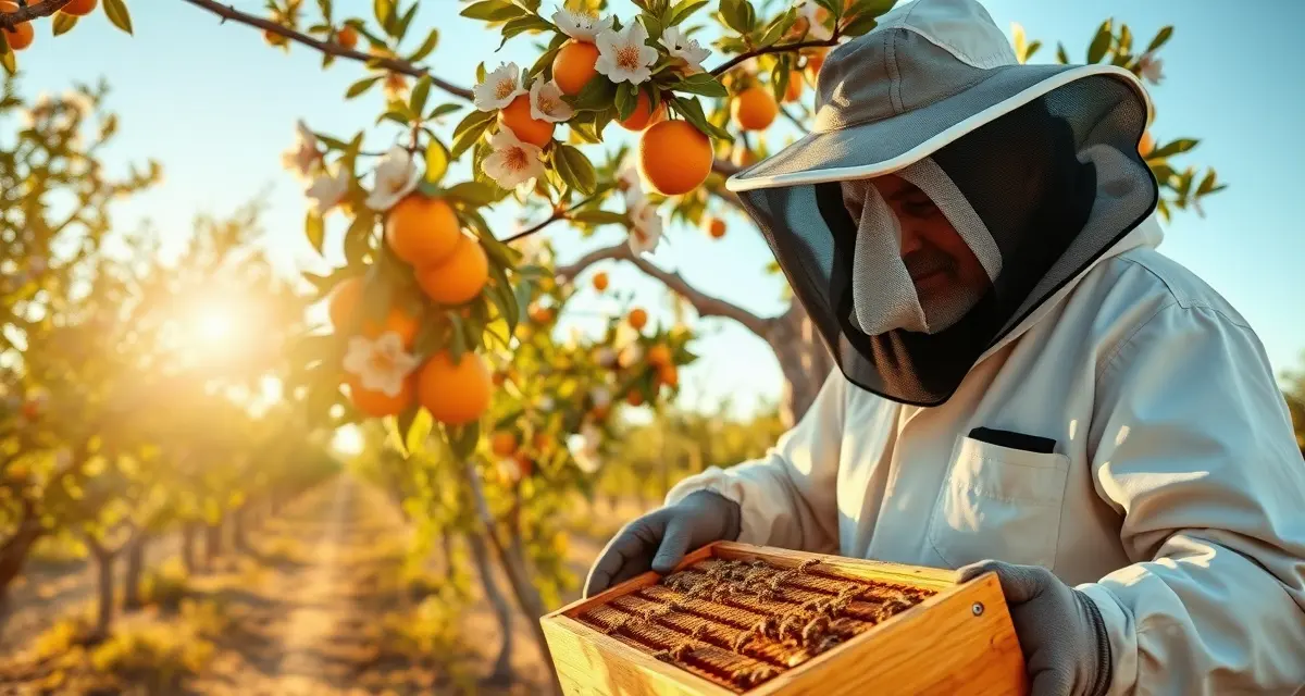 Winter citrus pollination in Arizona Commercial beekeeper managing honey bee colonies in Arizona citrus orchard during winter pollination season with orange and grapefruit blooms.