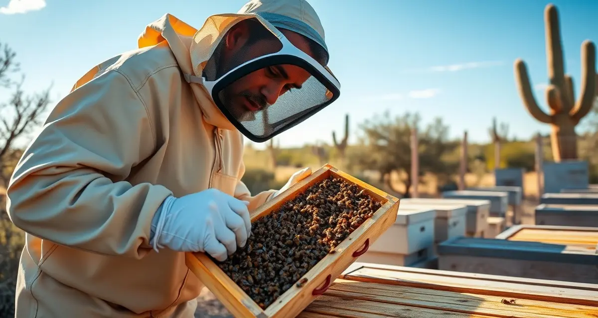Arizona apiary management and honey bee inspection Commercial beekeeper inspecting honey bee colony frame in Arizona desert apiary with proper protective equipment