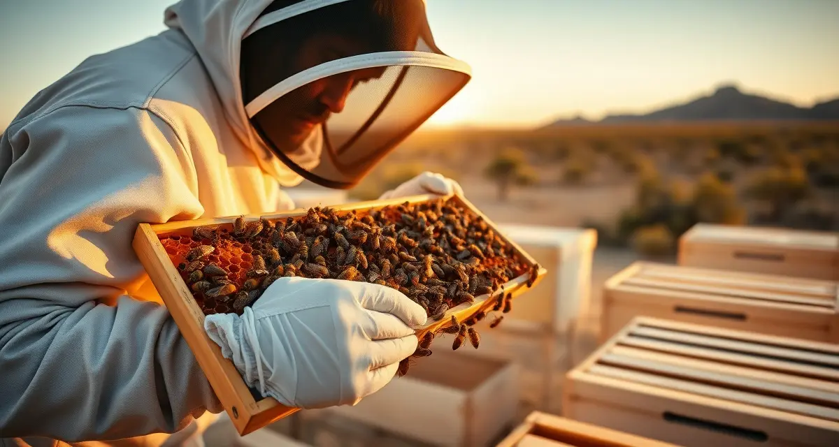 Arizona Commercial Apiary Inspection Commercial beekeeper inspecting hive frame in Arizona apiary following state regulations and compliance requirements