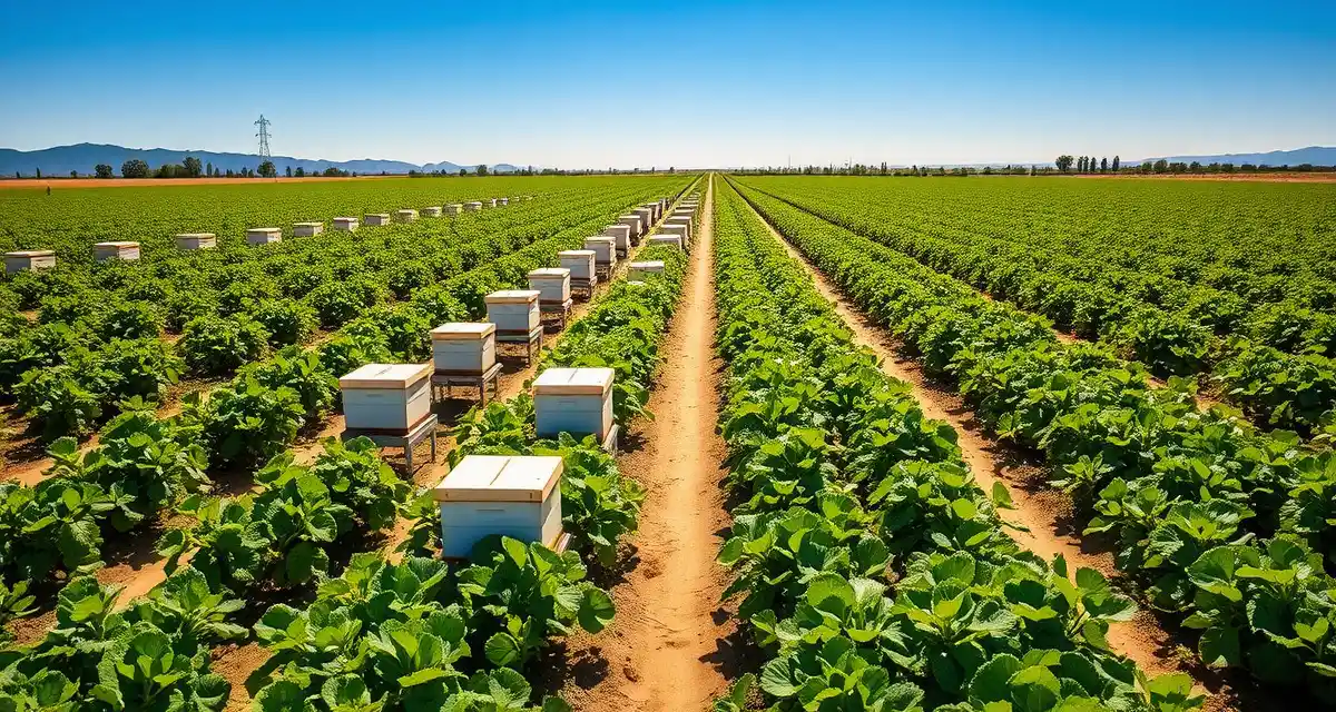 Melon pollination operations in Arizona Commercial beehives positioned in Arizona melon fields during spring pollination season in Yuma County