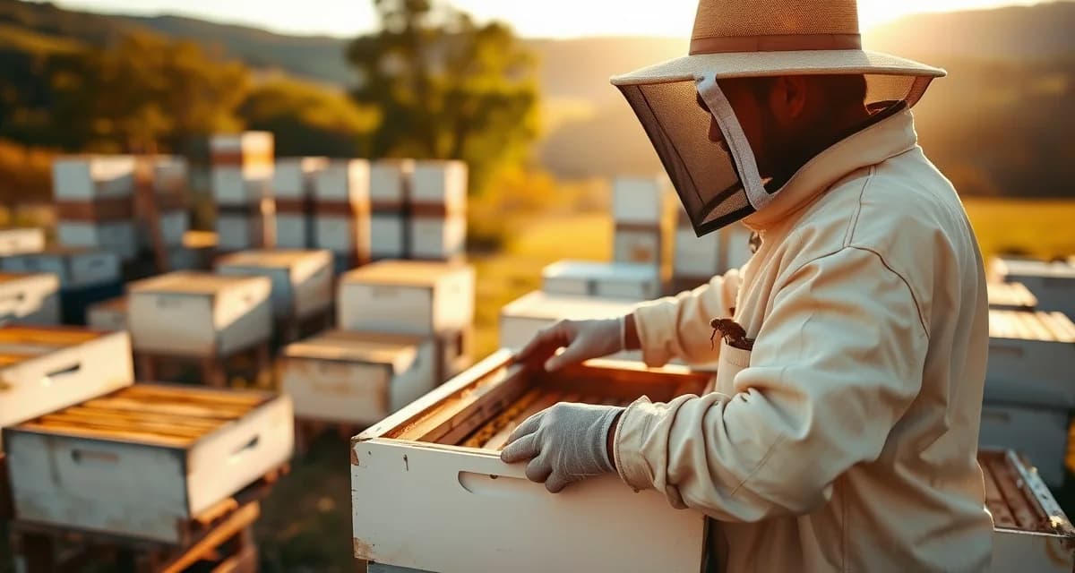 Arkansas commercial beekeeping apiary operations Commercial beekeeper inspecting hive boxes in an Arkansas apiary with Ozark mountains visible in background landscape.