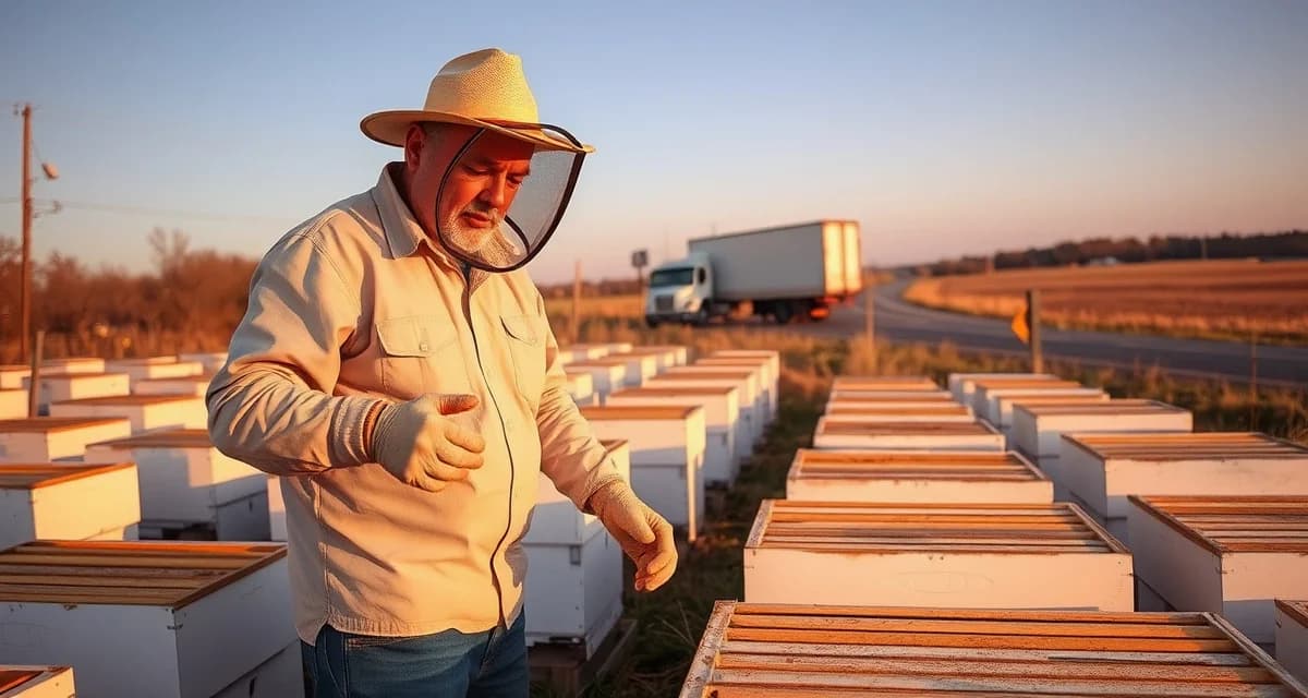 Arkansas apiary regulations and commercial beekeeping operations Commercial beekeeper inspecting bee boxes at an Arkansas apiary operation with logistics truck visible in background