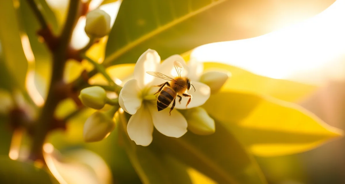Avocado flower pollination by honeybees Honey bee pollinating avocado flowers during California pollination season for commercial contracts