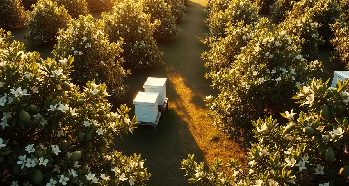 Commercial bee logistics for avocado crop optimization Avocado pollination management setup showing honeybee hives strategically placed in California orchard during bloom cycle