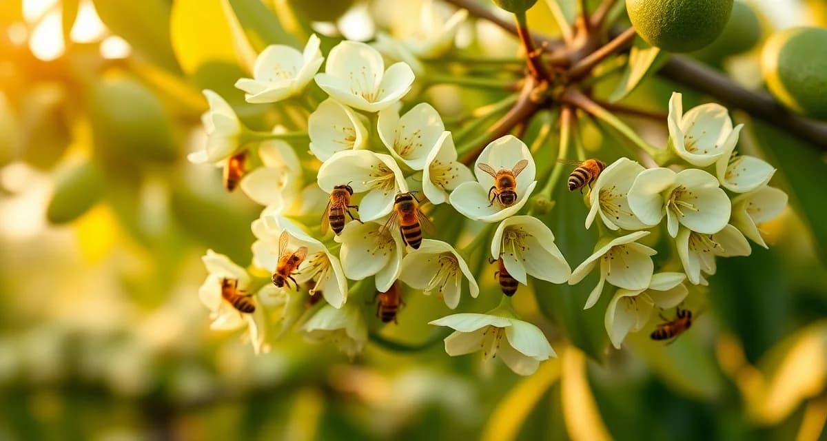 Avocado flower pollination by honeybee colony Honeybees pollinating avocado flowers during bloom season in commercial orchard setting
