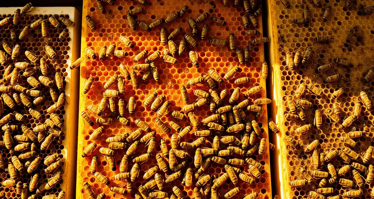 Commercial bee colony health and apiary management Honeycomb frames showing healthy bee colonies in commercial apiary operation, illustrating beekeeping hive management and colony loss prevention