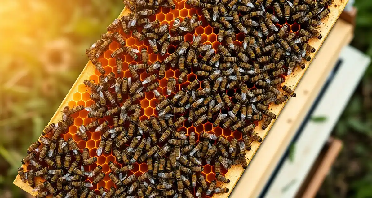 Healthy bee colony frame with strong hive coverage Close-up of a strong honeybee colony frame showing dense coverage of worker bees and brood indicating optimal hive strength for commercial pollination.