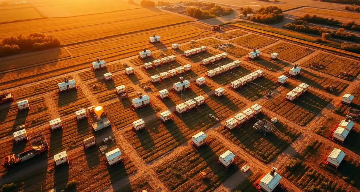 Commercial bee yard location mapping system Aerial map view of multiple bee yard locations with GPS pins and digital management interface for commercial pollination operations