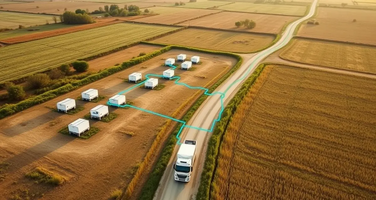 Beekeeping operation route efficiency visualization Aerial view of commercial bee yards with optimized route planning map overlay showing efficient truck navigation path between multiple apiaries